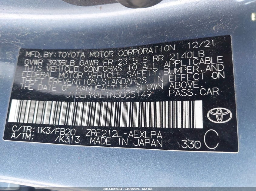2022 Toyota Corolla VIN JTDEPMAE1N3005149 IAAI salvage auction — RIGHT SIDE, Salvage - Greater Than 75% (Maryland), sold $2,050 on 2026-07-30 (photo 9)