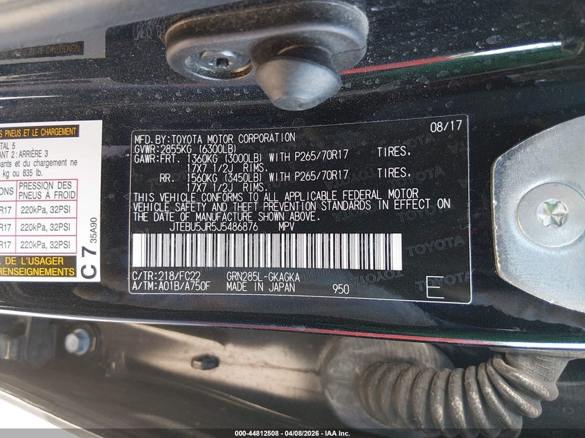 2018 Toyota 4runner VIN JTEBU5JR5J5486876 IAAI salvage auction — FRONT END, Salvage (Kansas), sold $525 on 2026-07-24 (photo 9)