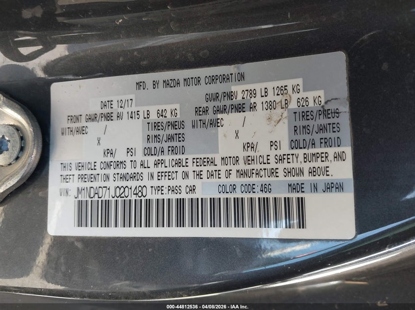 2018 Mazda Mx-5 VIN JM1NDAD71J0201480 IAAI salvage auction — RIGHT FRONT, Wait Title, sold $4,500 on 2026-07-08 (photo 9)
