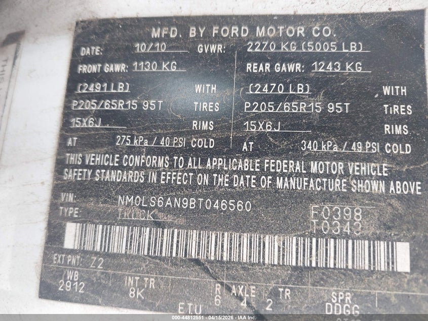 2011 Ford Transit VIN NM0LS6AN9BT046560 IAAI salvage auction — REAR END, Salvage (Texas), sold $425 on 2026-07-28 (photo 9)