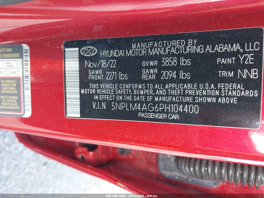 2023 Hyundai Elantra VIN 5NPLM4AG6PH104400 IAAI salvage auction — FRONT & REAR, Salvage Title, sold $2,250 on 2026-07-21 (photo 9)