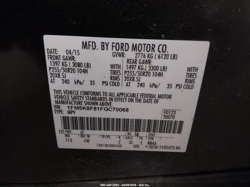 2015 Ford Explorer VIN 1FM5K8F81FGC70068 IAAI salvage auction — REAR END, Prior Salvage (Minnesota), sold $700 on 2026-07-05 (photo 9)