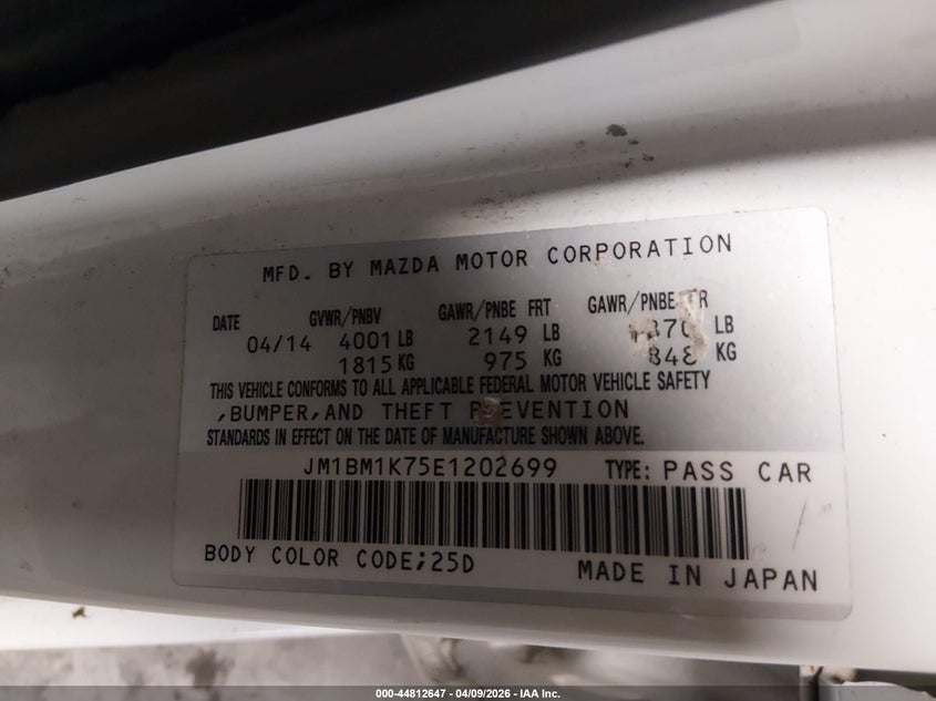 2014 Mazda 3 VIN JM1BM1K75E1202699 IAAI salvage auction — FRONT END, Salvage Title, sold $675 on 2026-07-23 (photo 9)