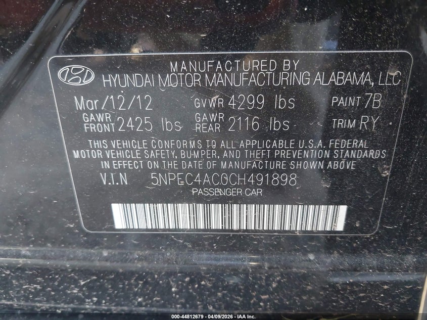 2012 Hyundai Sonata VIN 5NPEC4AC0CH491898 IAAI salvage auction — NORMAL WEAR, Salvage (Texas), sold $475 on 2026-07-15 (photo 9)