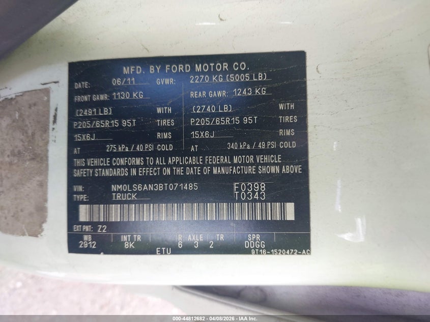 2011 Ford Transit VIN NM0LS6AN3BT071485 IAAI salvage auction — FRONT END, Salvage (Texas), sold $425 on 2026-07-08 (photo 9)