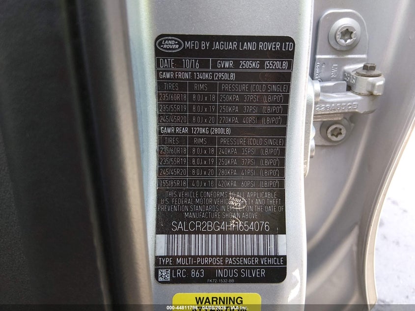 2017 Land rover Discovery sport VIN SALCR2BG4HH654076 IAAI salvage auction — LEFT REAR, Salvage Title, sold $3,000 on 2026-07-16 (photo 9)