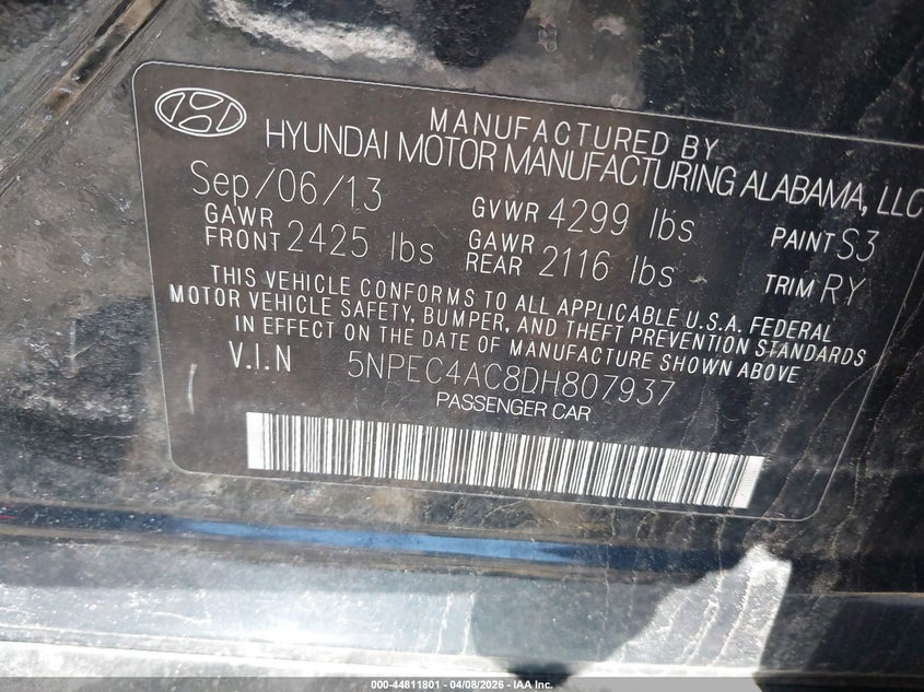 2013 Hyundai Sonata VIN 5NPEC4AC8DH807937 IAAI salvage auction — FRONT END, Salvage (Massachusetts), sold $425 on 2026-07-24 (photo 9)