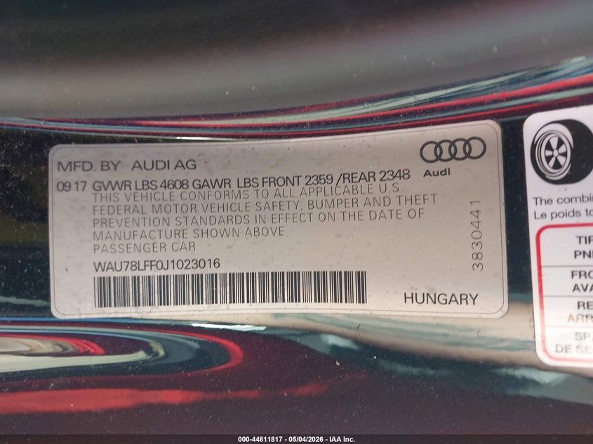 2018 Audi A3 VIN WAU78LFF0J1023016 IAAI salvage auction — VANDALISM, Salvage (Massachusetts), sold $5,825 on 2026-07-07 (photo 9)