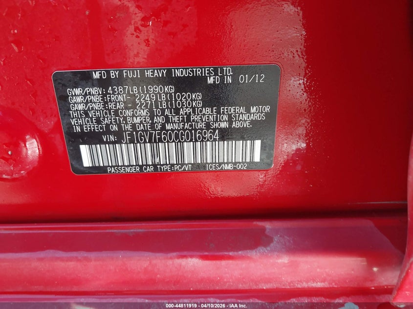 2012 Subaru Impreza VIN JF1GV7F60CG016964 IAAI salvage auction — REAR END, Salvage Title, sold $1,050 on 2026-07-17 (photo 9)