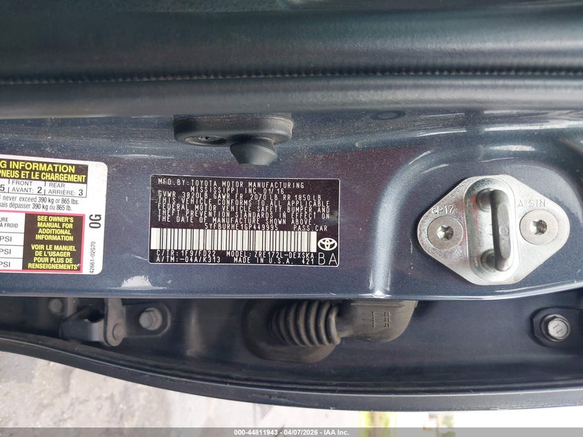 2016 Toyota Corolla VIN 5YFBURHE1GP449995 IAAI salvage auction — FRONT END, Rebuildable (Florida), sold $3,100 on 2026-07-23 (photo 9)