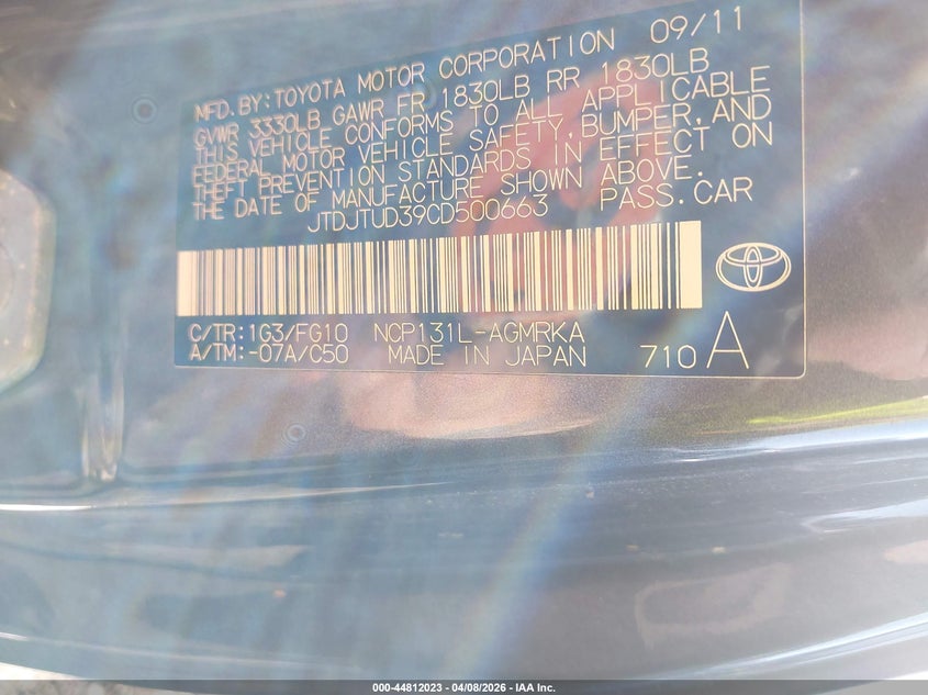 2012 Toyota Yaris VIN JTDJTUD39CD500663 IAAI salvage auction — LEFT FRONT, Clear (New York), sold $375 on 2026-07-14 (photo 9)