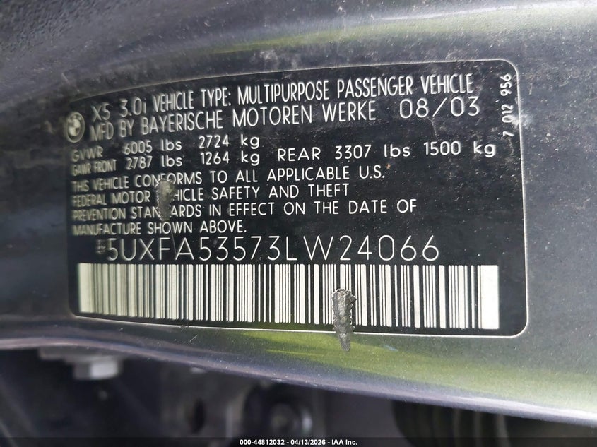 2003 BMW X5 VIN 5UXFA53573LW24066 IAAI salvage auction — FRONT END, Bill Of Sale (Washington), sold $100 on 2026-07-14 (photo 9)