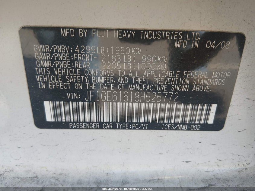 2008 Subaru Impreza VIN JF1GE61618H525772 IAAI salvage auction — LEFT FRONT, Salvage (North Carolina), sold $225 on 2026-07-29 (photo 9)