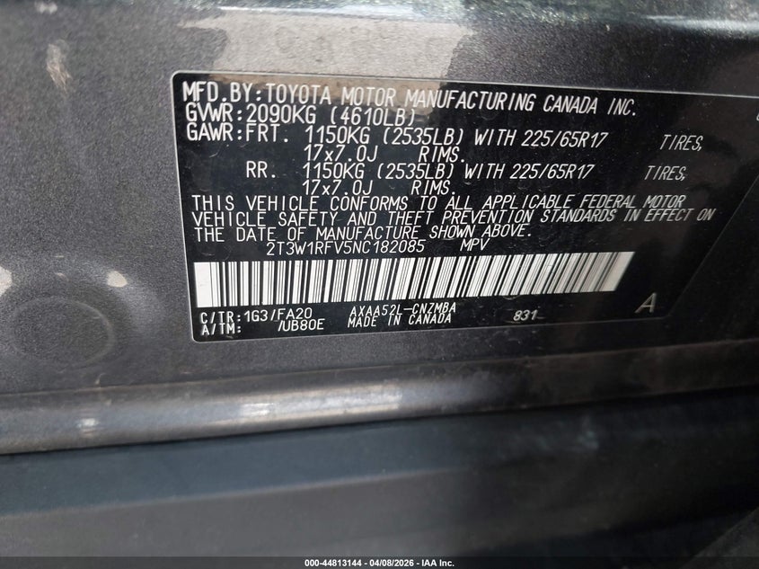 2022 Toyota Rav 4 VIN 2T3W1RFV5NC182085 IAAI salvage auction — LEFT REAR, Salvage Title, sold $6,100 on 2026-07-29 (photo 9)