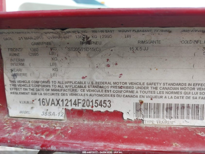 2015 Big tex trailer co inc Utility VIN 16VAX1214F2015453 IAAI salvage auction — SIDE, Bill Of Sale (Texas), sold $300 on 2026-09-16 (photo 9)