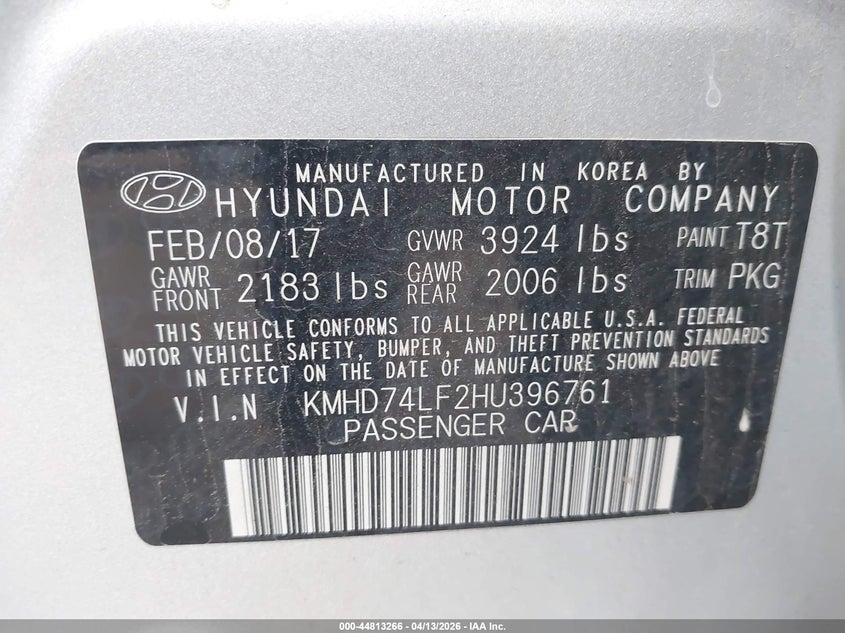 2017 Hyundai Elantra VIN KMHD74LF2HU396761 IAAI salvage auction — THEFT, Original (Texas), sold $2,925 on 2026-07-13 (photo 9)
