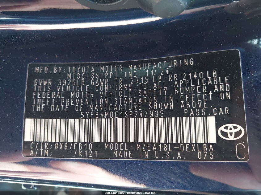 2025 Toyota Corolla VIN 5YFB4MDE1SP247935 IAAI salvage auction — FRONT END, Salvage Title, sold $3,750 on 2026-07-05 (photo 9)