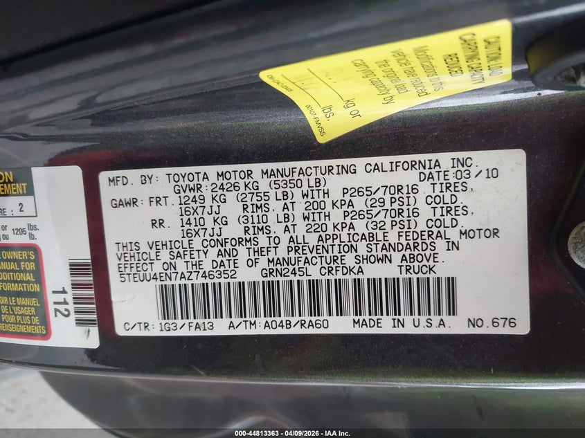 2010 Toyota Tacoma VIN 5TEUU4EN7AZ746352 IAAI salvage auction — RIGHT FRONT, Clear (Hawaii), sold $5,550 on 2026-07-07 (photo 9)