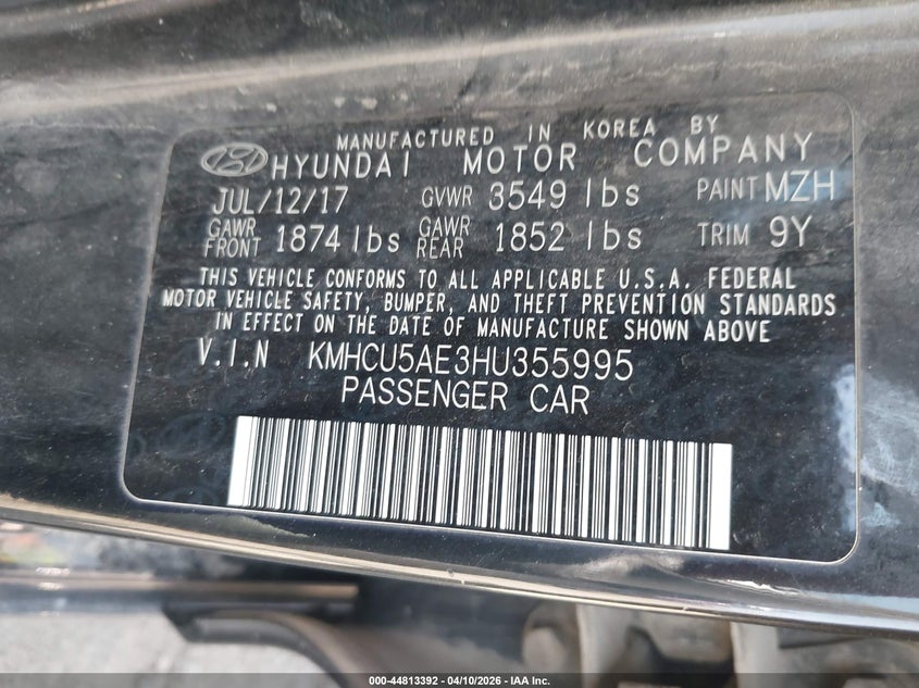 2017 Hyundai Accent VIN KMHCU5AE3HU355995 IAAI salvage auction — UNDERCARRIAGE, Salvage Title, sold $900 on 2026-07-28 (photo 9)