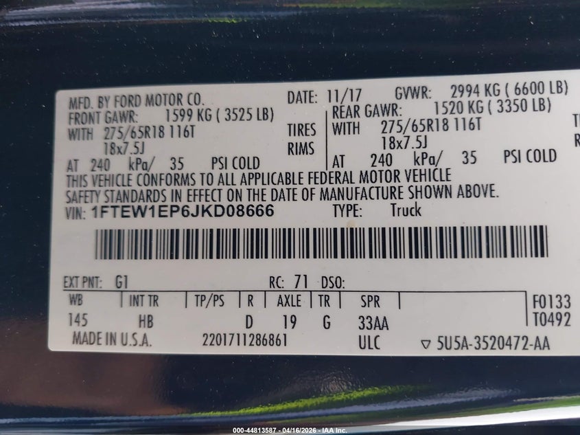 2018 Ford F-150 VIN 1FTEW1EP6JKD08666 IAAI salvage auction — FRONT END, Salvage Title, sold $3,150 on 2026-07-09 (photo 9)