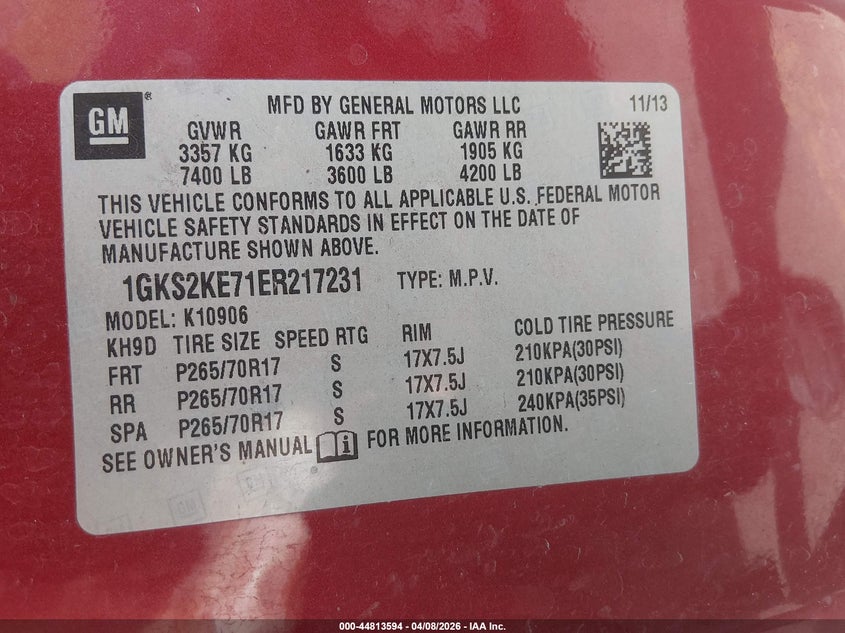 2014 Gmc Yukon VIN 1GKS2KE71ER217231 IAAI salvage auction — FRONT END, Salvage (Utah), sold $1,000 on 2026-07-09 (photo 9)