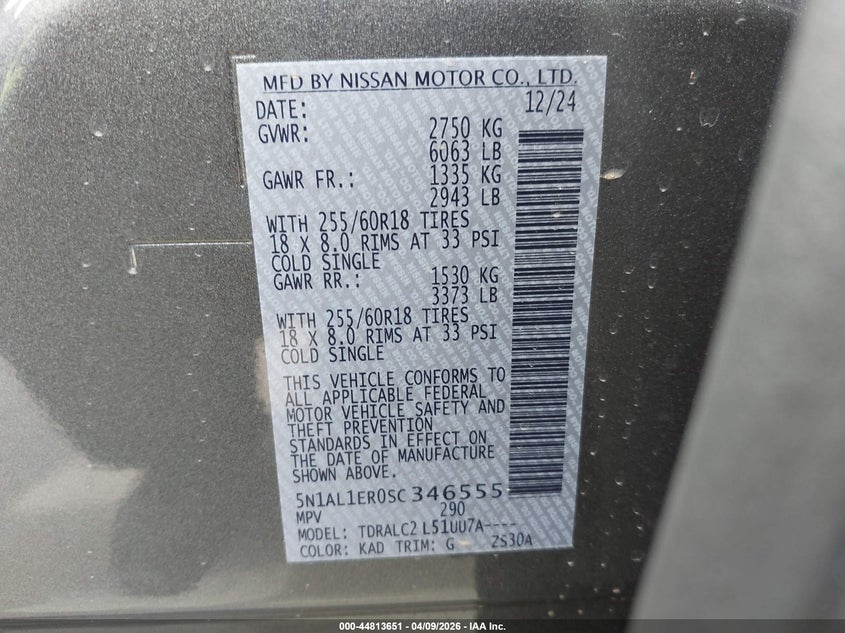 2025 Infiniti Qx60 VIN 5N1AL1ER0SC346555 IAAI salvage auction — RIGHT SIDE, Salvage Title, sold $15,300 on 2026-07-15 (photo 9)