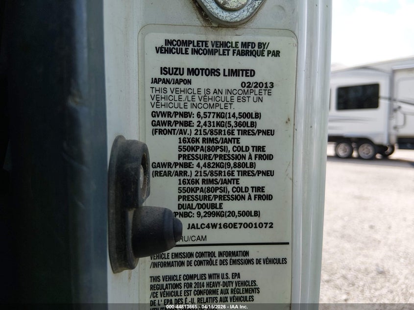 2014 Isuzu VIN JALC4W160E7001072 IAAI salvage auction — FRONT END, Wait Title, sold $25 on 2026-07-29 (photo 8)
