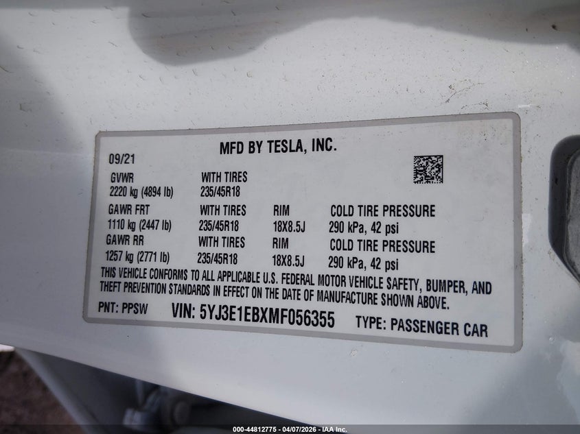 2021 Tesla Model 3 VIN 5YJ3E1EBXMF056355 IAAI salvage auction — REAR END, Salvage Title, sold $8,150 on 2026-07-17 (photo 9)