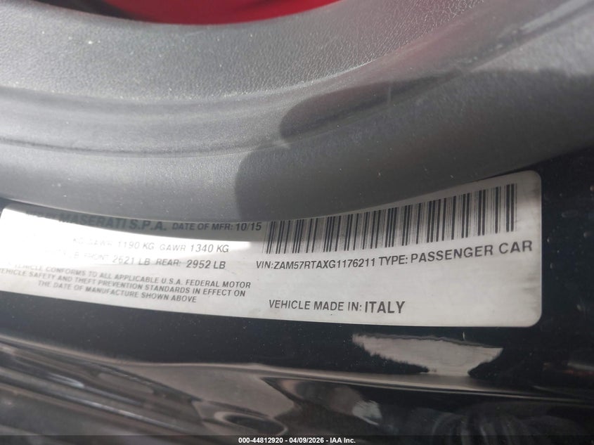 2016 Maserati Ghibli VIN ZAM57RTAXG1176211 IAAI salvage auction — REAR END, Salvage Title, sold $3,725 on 2026-07-17 (photo 9)