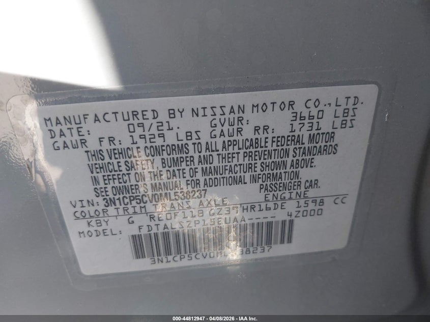 2021 Nissan Kicks VIN 3N1CP5CV0ML538237 IAAI salvage auction — SIDE, Wait Title, sold $4,600 on 2026-07-24 (photo 9)