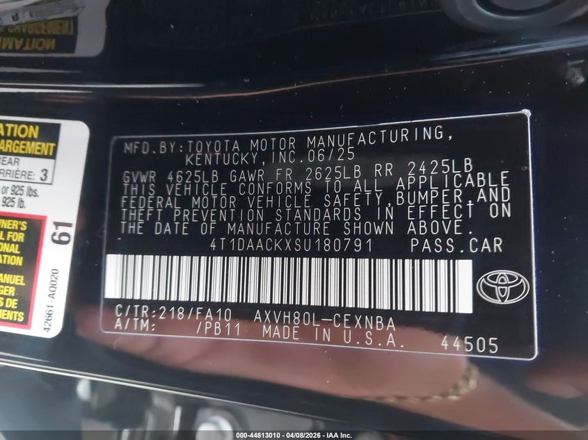 2025 Toyota Camry VIN 4T1DAACKXSU180791 IAAI salvage auction — FRONT END, Salvage Title, sold $11,100 on 2026-07-30 (photo 9)