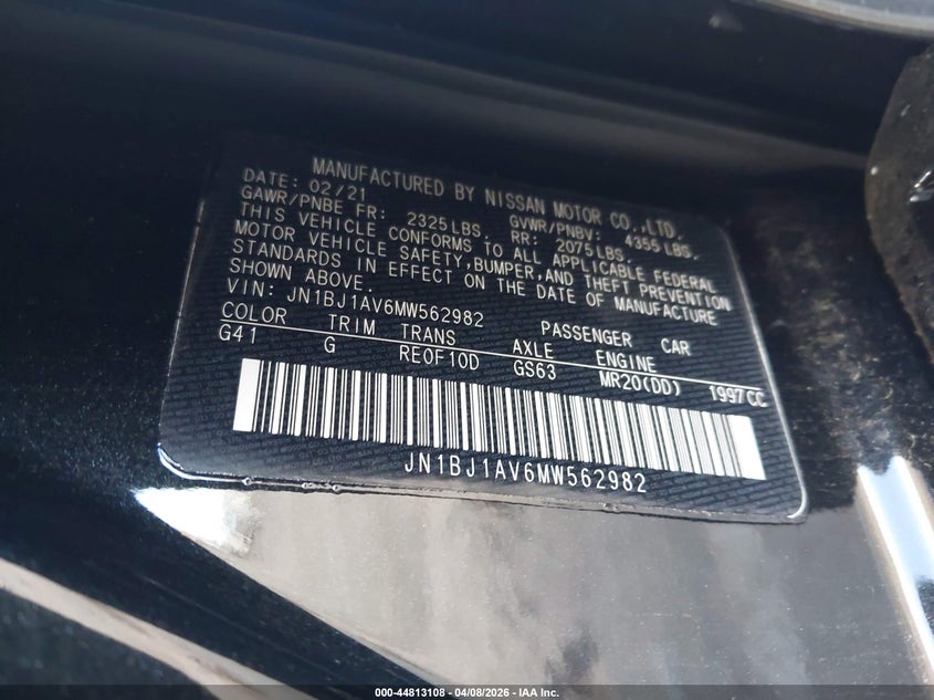 2021 Nissan Rogue VIN JN1BJ1AV6MW562982 IAAI salvage auction — REAR END, Salvage Title, sold $1,475 on 2026-07-08 (photo 9)