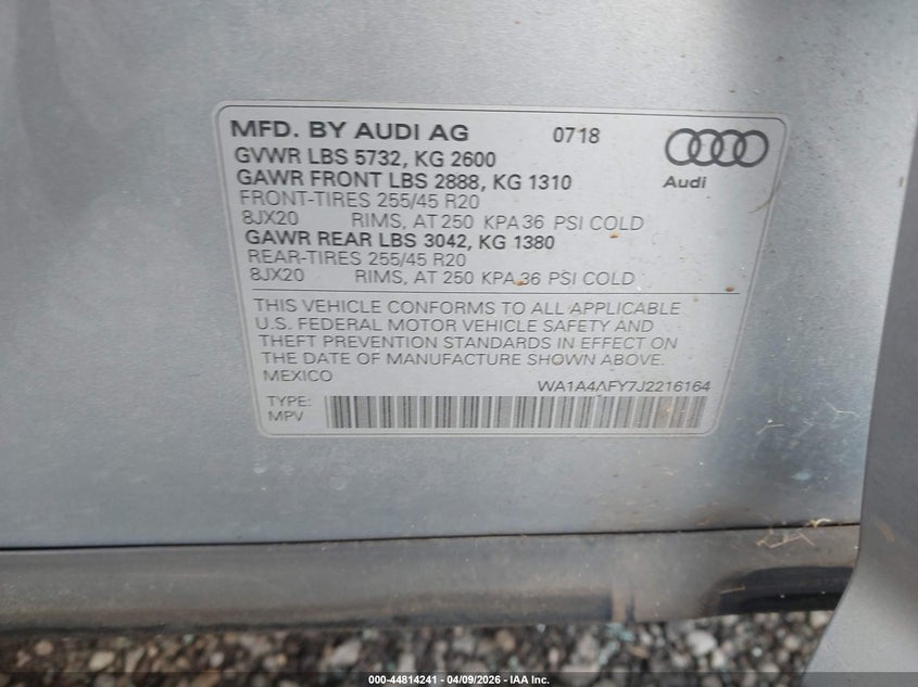 2018 Audi Sq5 VIN WA1A4AFY7J2216164 IAAI salvage auction — FRESH WATER, Salvage (Hawaii), sold $2,050 on 2026-07-28 (photo 9)