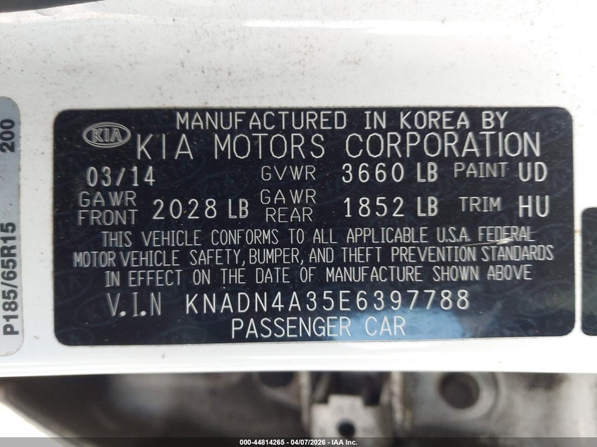 2014 Kia Rio VIN KNADN4A35E6397788 IAAI salvage auction — FRONT END, Salvage Title, sold $275 on 2026-07-17 (photo 9)
