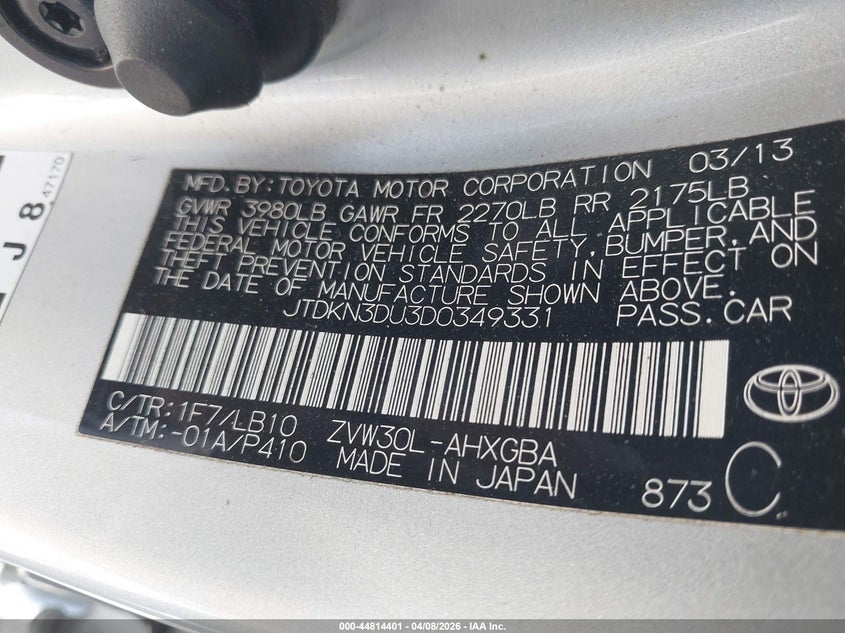 2013 Toyota Prius VIN JTDKN3DU3D0349331 IAAI salvage auction — FRONT END, Salvage Title, sold $3,875 on 2026-07-14 (photo 9)