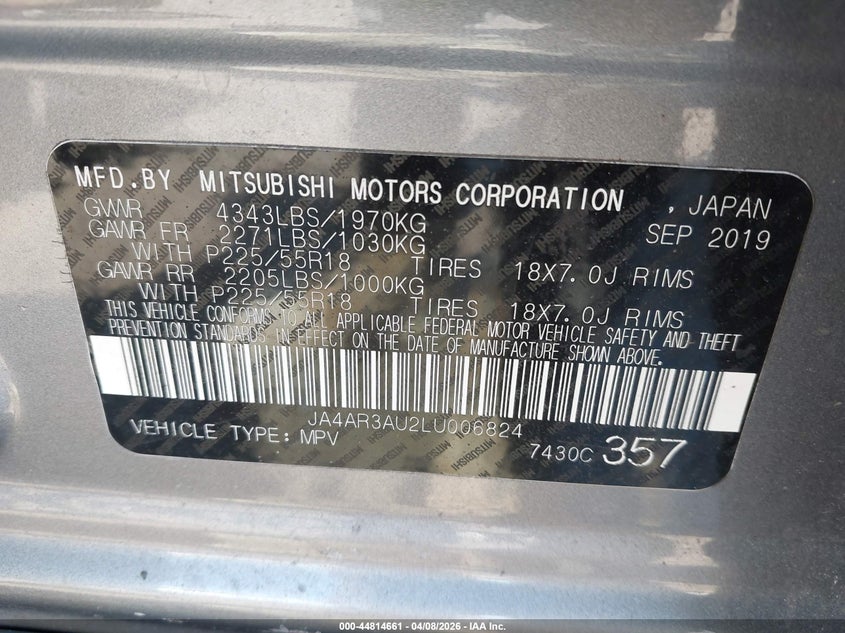 2020 Mitsubishi Outlander VIN JA4AR3AU2LU006824 IAAI salvage auction — FRONT END, Salvage Title, sold $2,575 on 2026-07-16 (photo 9)