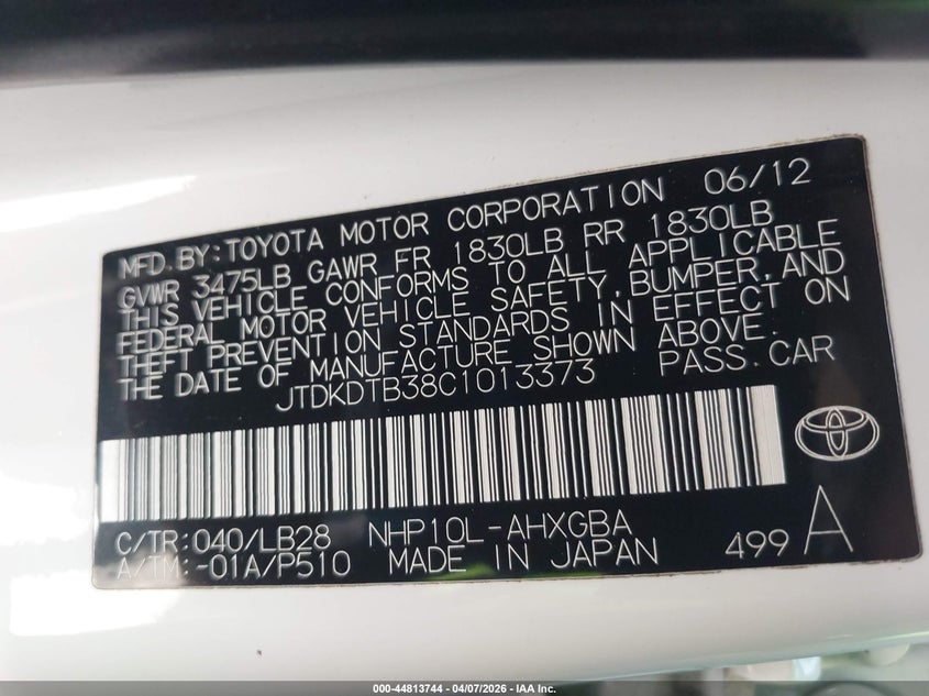 2012 Toyota Prius c VIN JTDKDTB38C1013373 IAAI salvage auction — LEFT REAR, Wait Title, sold $1,825 on 2026-07-08 (photo 9)
