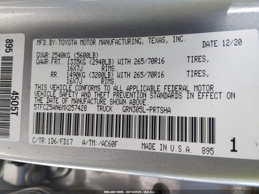 2021 Toyota Tacoma VIN 5TFCZ5AN6MX257428 IAAI salvage auction — ROLLOVER, Salvage (Nevada), sold $11,750 on 2026-07-10 (photo 9)