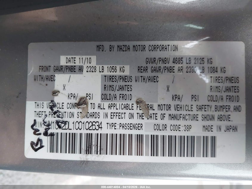 2012 Mazda 5 VIN JM1CW2DL1C0102634 IAAI salvage auction — ALL OVER, Salvage (Hawaii), sold $75 on 2026-07-28 (photo 9)