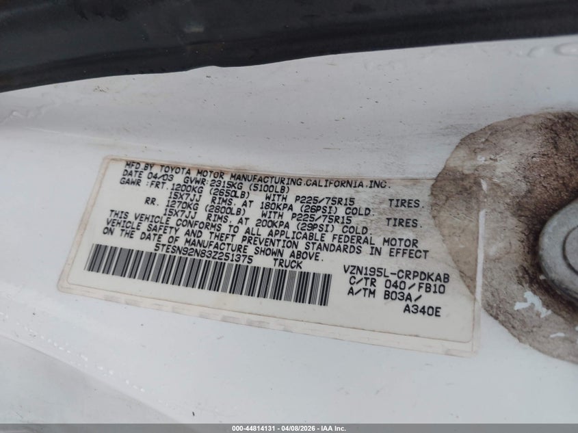 2003 Toyota Tacoma VIN 5TESN92N83Z251375 IAAI salvage auction — FRONT END, Salvage (Hawaii), sold $75 on 2026-07-14 (photo 9)