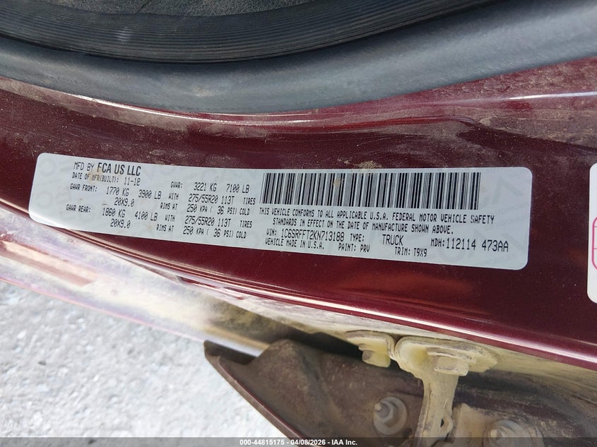 2019 Ram 1500 VIN 1C6SRFFT2KN713188 IAAI salvage auction — RIGHT FRONT, Clear (Oklahoma), sold $5,875 on 2026-07-17 (photo 9)