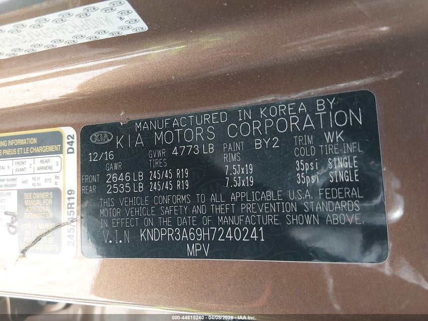 2017 Kia Sportage VIN KNDPR3A69H7240241 IAAI salvage auction — FRONT END, Salvage (Idaho), sold $1,150 on 2026-07-28 (photo 9)
