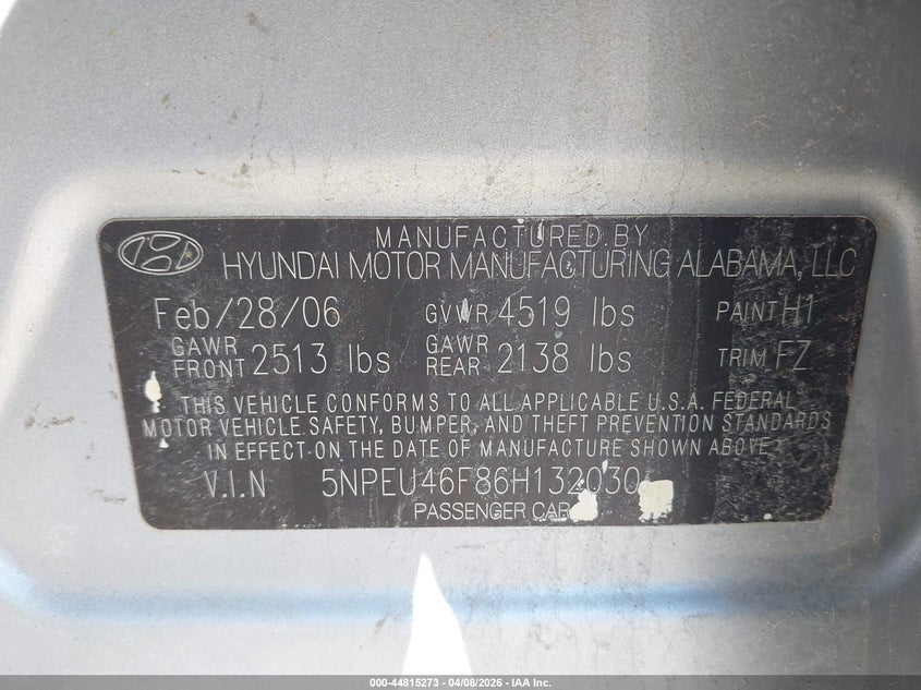 2006 Hyundai Sonata VIN 5NPEU46F86H132030 IAAI salvage auction — SUSPENSION, Mv-907A (New York), sold $475 on 2026-07-09 (photo 9)