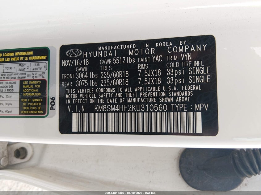 2019 Hyundai Santa fe VIN KM8SM4HF2KU310560 IAAI salvage auction — LEFT & RIGHT, Salvage (Colorado), sold $4,500 on 2026-07-24 (photo 9)