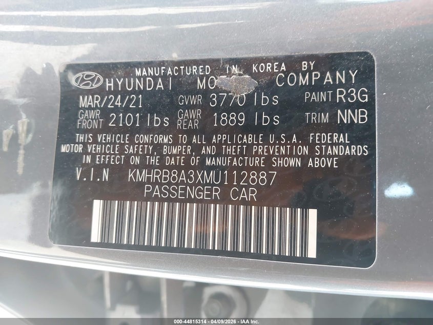 2021 Hyundai Venue VIN KMHRB8A3XMU112887 IAAI salvage auction — FRONT END, Salvage Title, sold $2,600 on 2026-09-09 (photo 9)