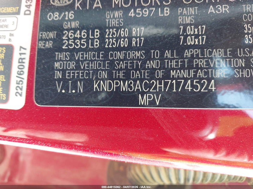 2017 Kia Sportage VIN KNDPM3AC2H7174524 IAAI salvage auction — FRONT END, Wait Title, sold $1,200 on 2026-07-29 (photo 9)