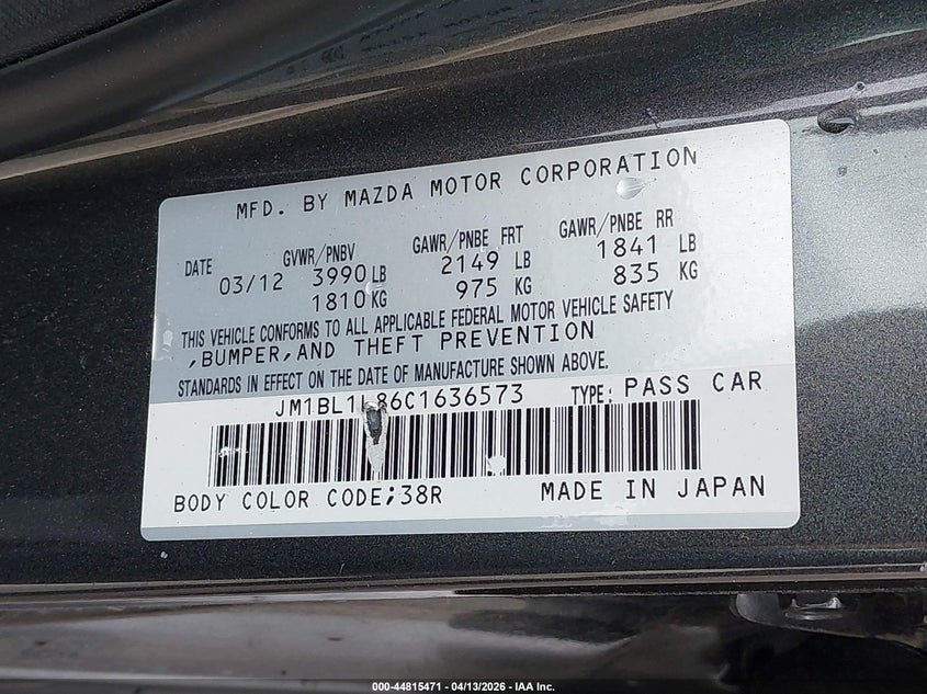2012 Mazda 3 VIN JM1BL1L86C1636573 IAAI salvage auction — LEFT SIDE, Salvage Title, sold $450 on 2026-07-30 (photo 9)
