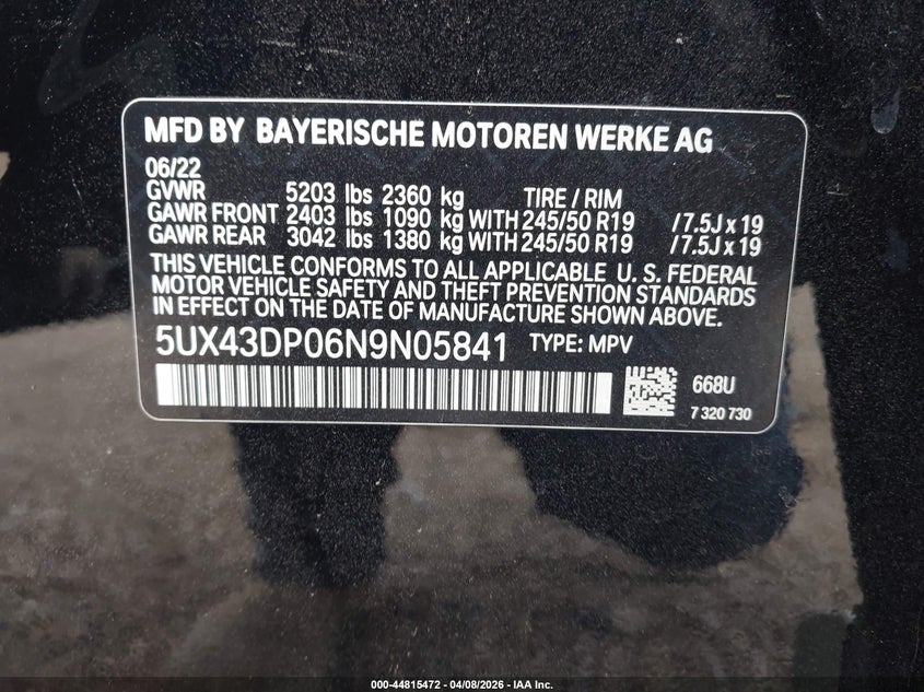 2022 BMW X3 VIN 5UX43DP06N9N05841 IAAI salvage auction — REAR END, Salvage Title, sold $9,700 on 2026-07-12 (photo 9)