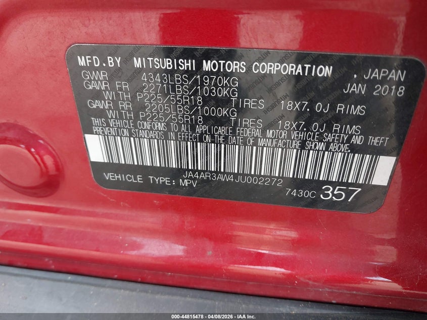 2018 Mitsubishi Outlander VIN JA4AR3AW4JU002272 IAAI salvage auction — FRONT END, Salvage Title, sold $1,850 on 2026-07-16 (photo 9)
