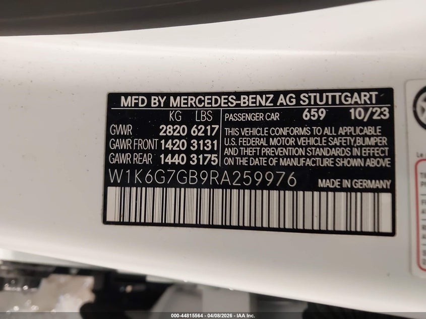 2024 Mercedes-benz S-klasse VIN W1K6G7GB9RA259976 IAAI salvage auction — FRONT END, Salvage Title, sold $41,450 on 2026-07-30 (photo 9)